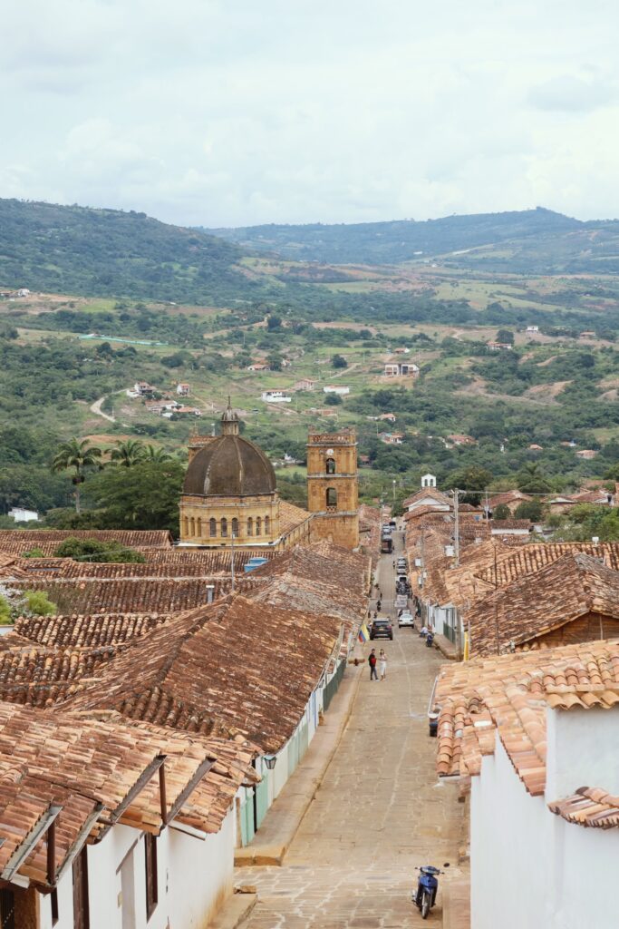 Whitewashed colonial streets of Barichara with cobblestones and red-tiled roofs