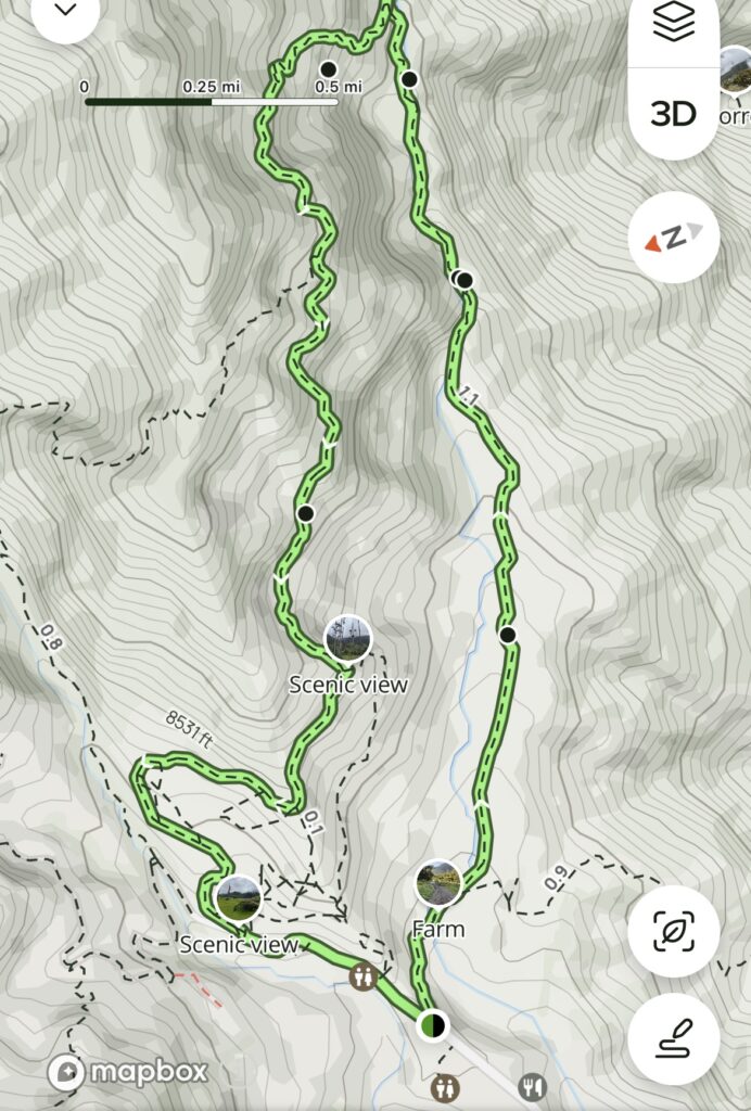 Map of the long hiking trail through Cocora Valley in Colombia, showing the route, viewpoints, and key landmarks