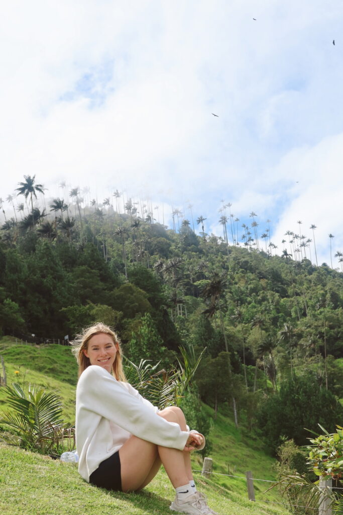 Traveler standing on a hill in Cocora Valley with wax palms in the background