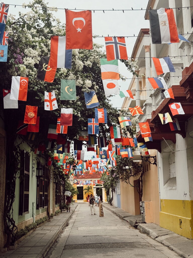 Getsemani Cartagena street with colourful flags overhead