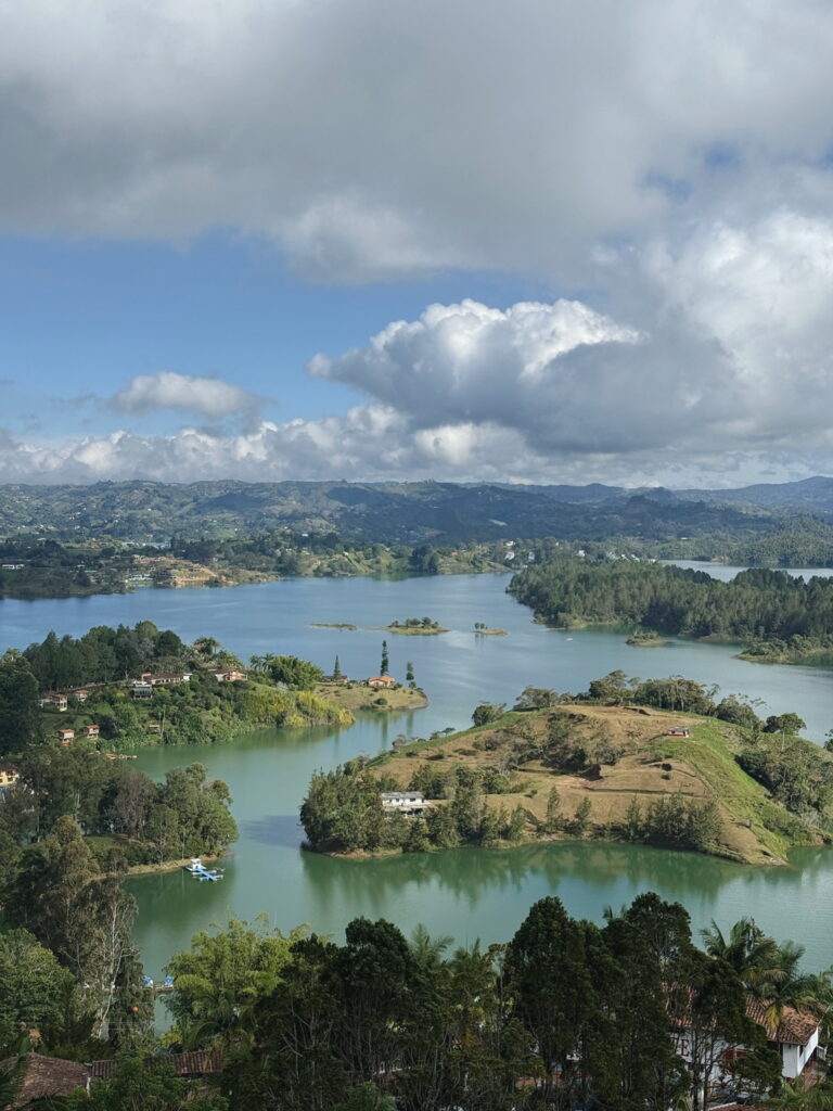 Panoramic view of Guatapé and surrounding lakes from Piedra del Peñol rock