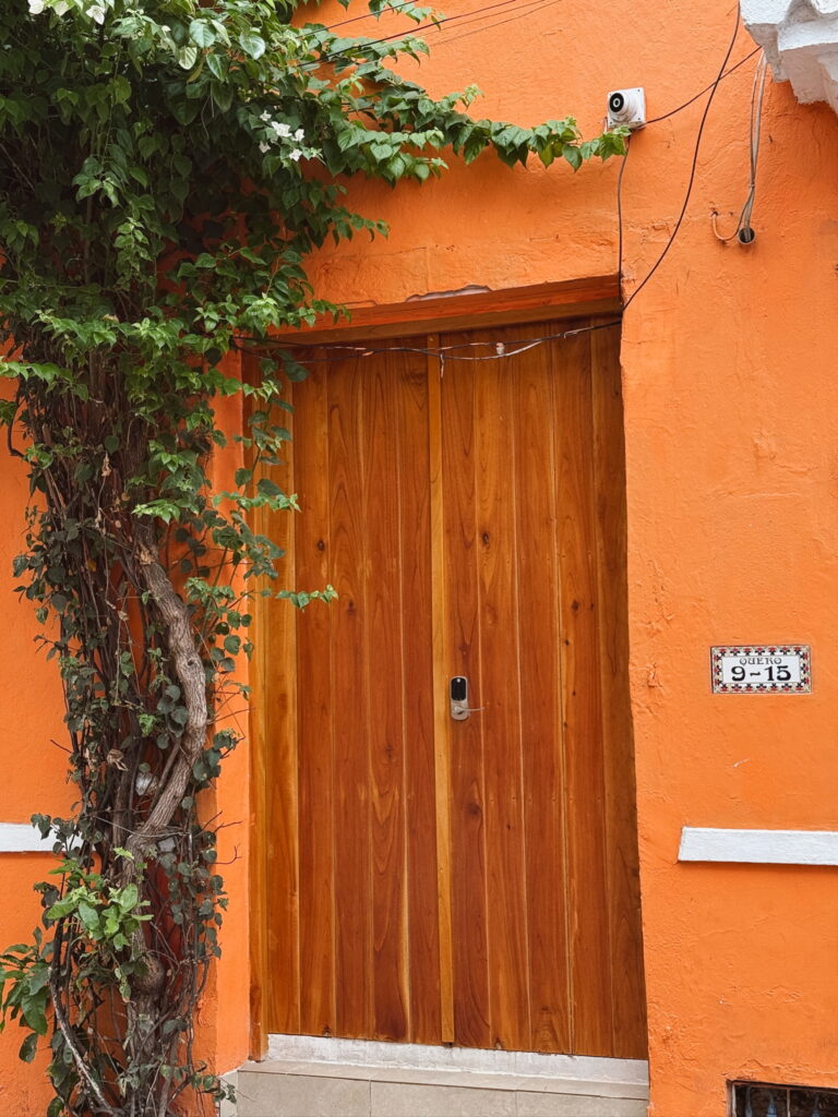 Colourful wall in the historic center of Cartagena with colonial architecture