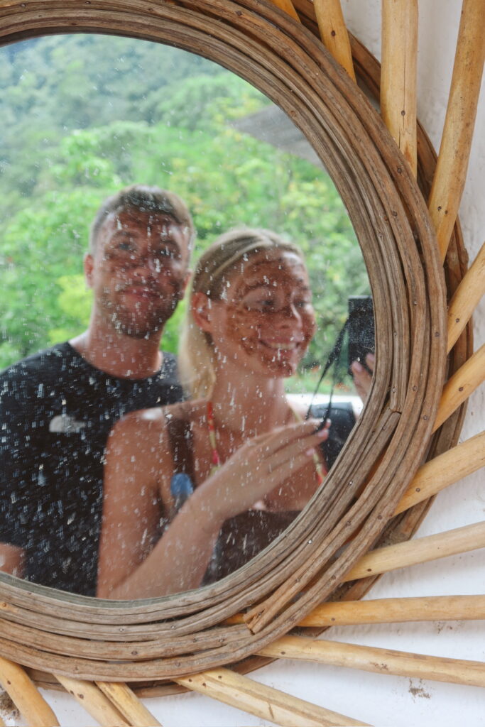 Enjoying a chocolate face mask at a chocolate farm in Minca, Colombia