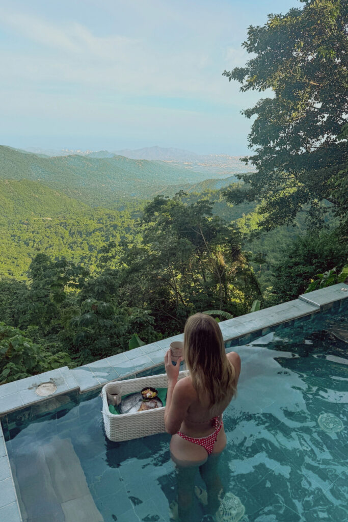Relaxing in the pool with a floating breakfast and mountain views in Minca, Colombia