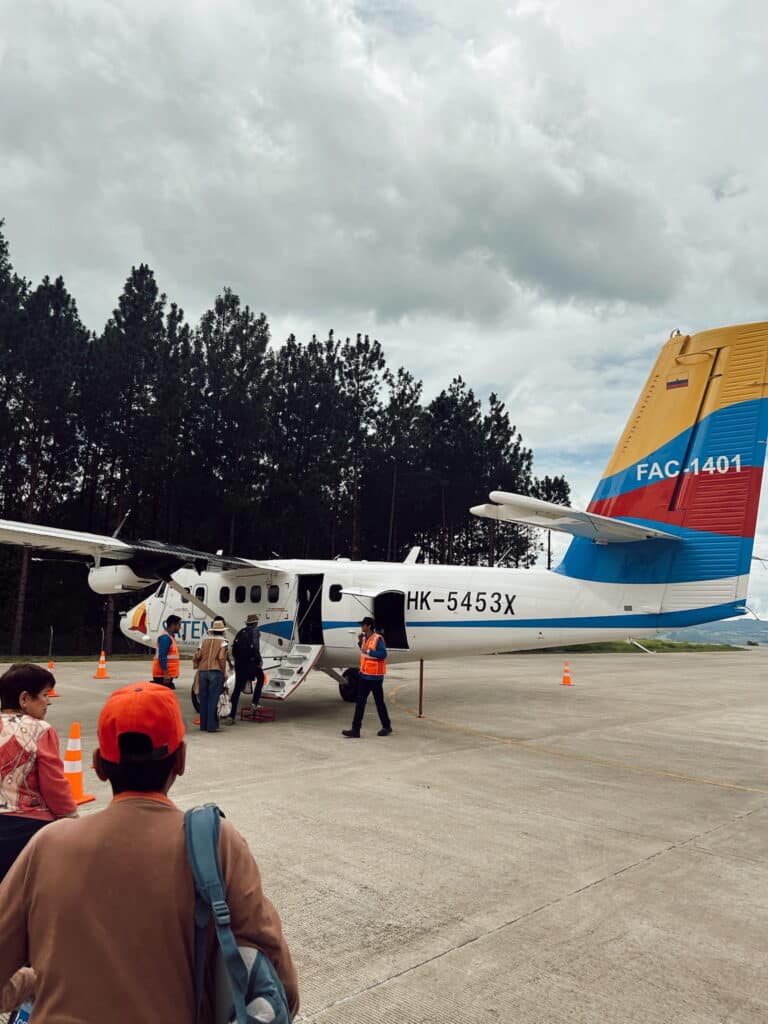 Small Satena propeller plane at San Gil airport, Colombia.