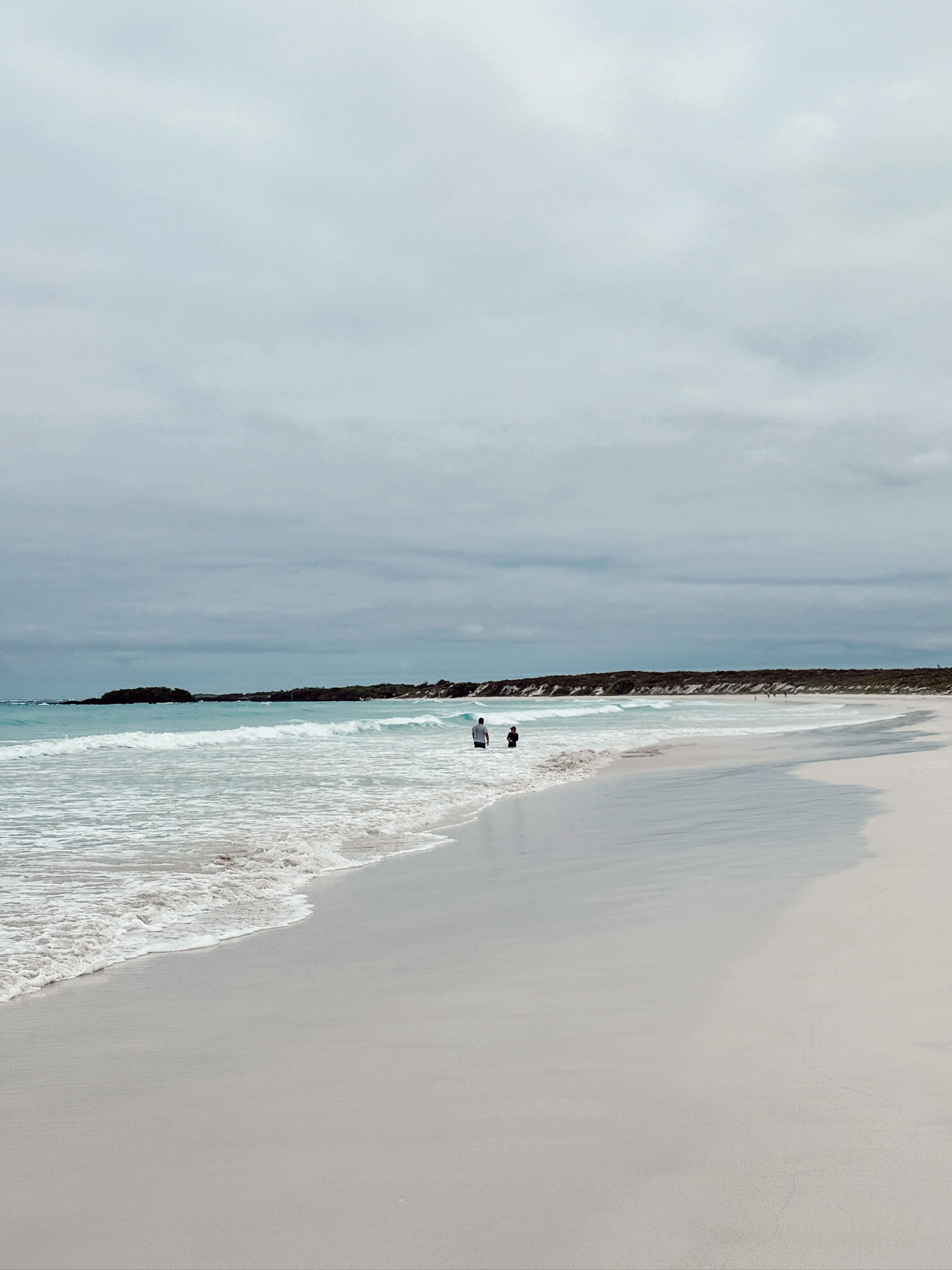 A vast completely empty stretch of brilliant white sand beach meeting the rough blue waves of the open ocean under a bright sky.