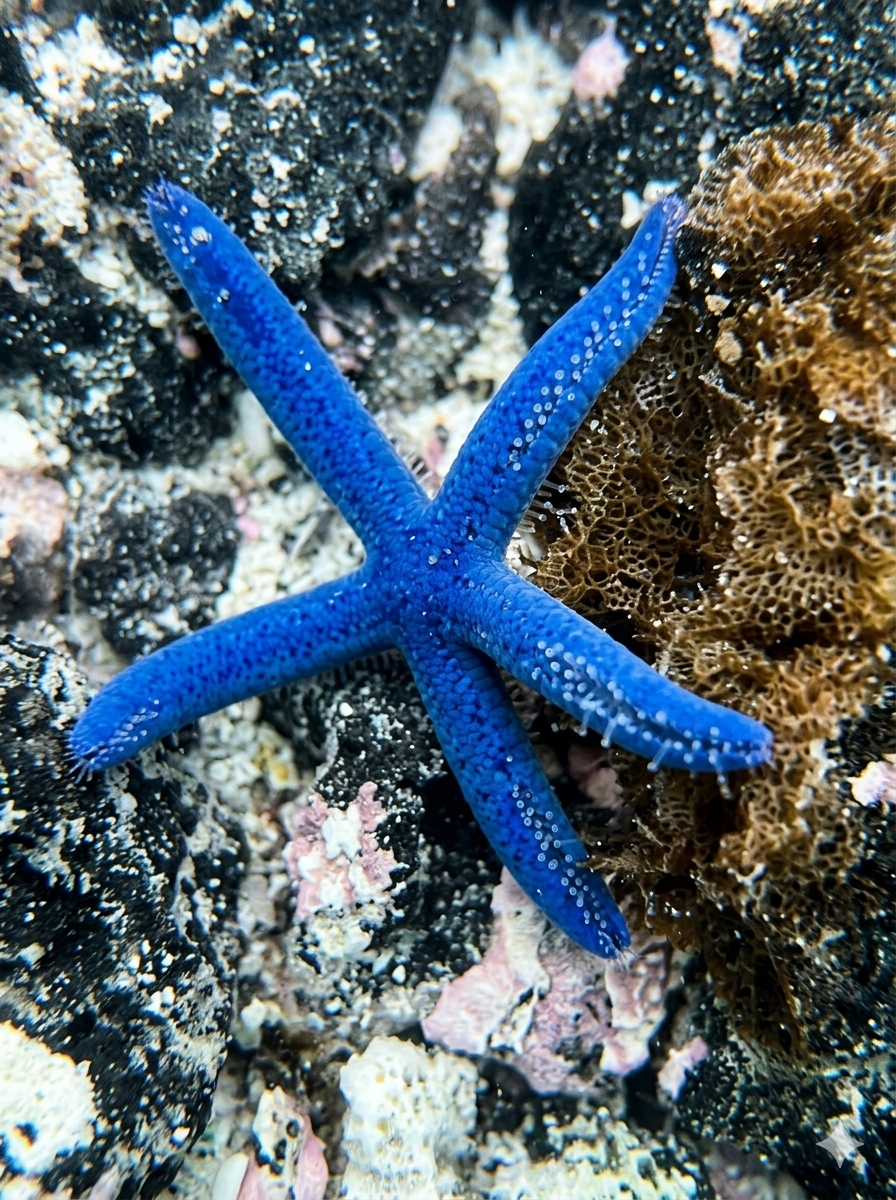 A bright blue sea star sitting on the sandy bottom of Concha de Perla mangrove pool