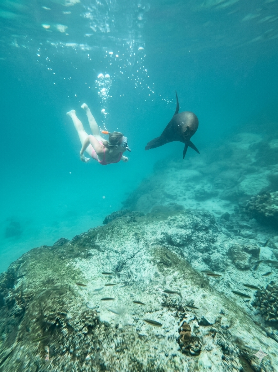 A travel blogger snorkeling next to a playful sea lion in the clear water at Concha de Perla