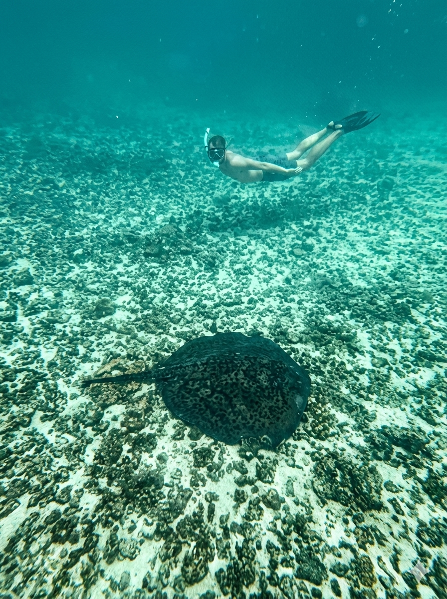 Luke snorkeling in clear water alongside a large manta ray during an island boat tour