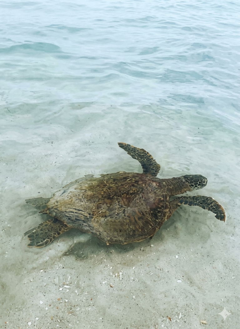 A large green sea turtle resting on the sandy beach right next to the Puerto Villamil passenger pier
