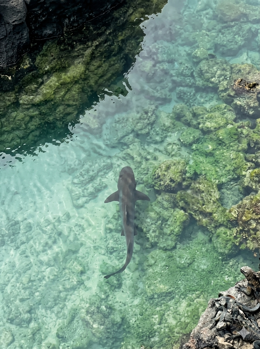 A whitetip reef shark resting in the shallow water of the volcanic rock channel known as Shark Alley.