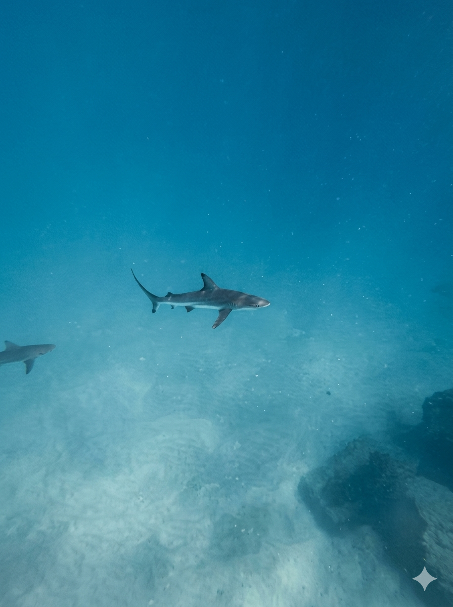 A shark swimming through the clear turquoise water directly underneath the main passenger pier.